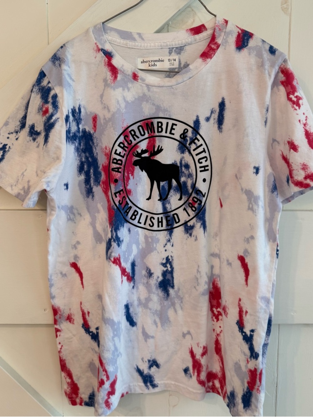 Abercrombie‎ & Fitch Kids Tie-Dye Logo Tee Red White Blue Size 13/14 Patriotic